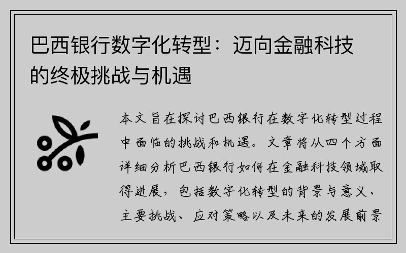 巴西银行数字化转型：迈向金融科技的终极挑战与机遇