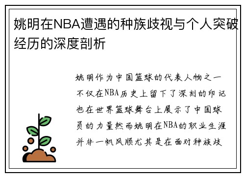 姚明在NBA遭遇的种族歧视与个人突破经历的深度剖析